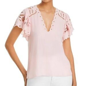 NWT RAMY BROOK Rochelle Eyelet Flutter Short Sleeve V-Neck Blouse Size X-Small